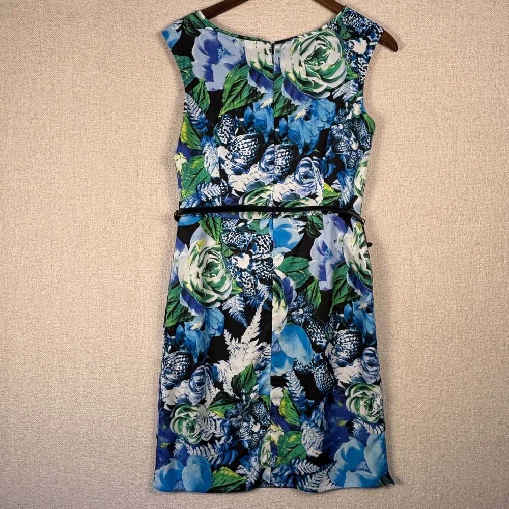 Ellen Tracy Size 6 Blue Green Floral Sheath Dress Sleeveless Belted Lined - Picture 2 of 9